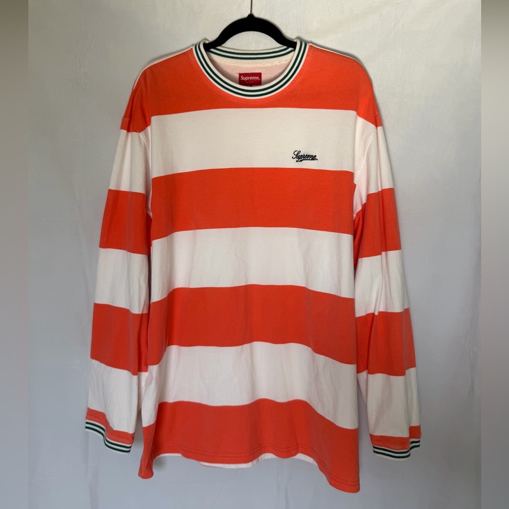 Vintage Supreme Orange & White Striped Long Sleeve Tee Embroidered Script Logo